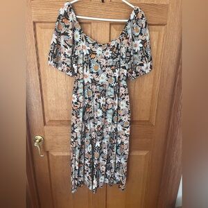 A new day cotton blend Floral Off-Shoulder Midi Dress in Black and Cream